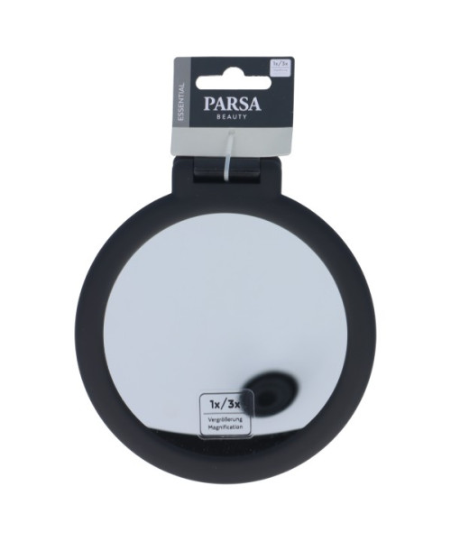 PARSA ESSENTIAL kosmētiskais spogulis, melns gumijas pārklājums, 1x/3x palielinājums